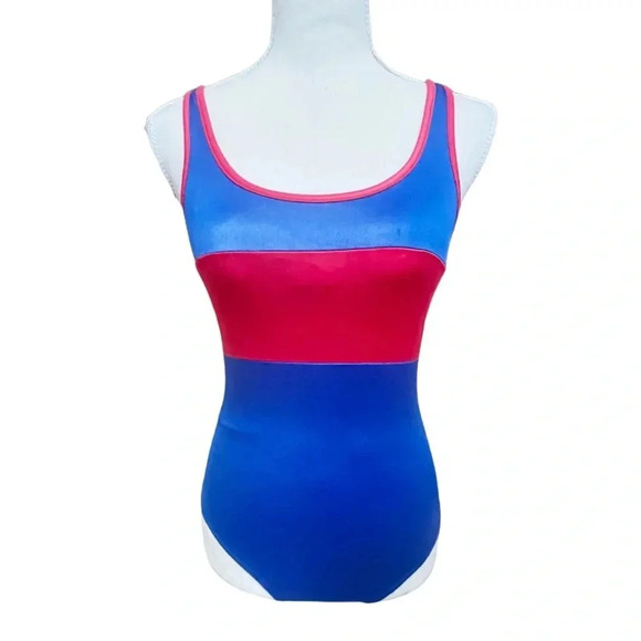 nwt vintage 1970s juniors swim blue red scoop back sporty retro one piece - Picture 1 of 10